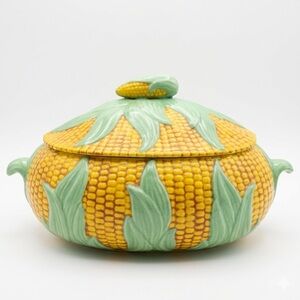 Vintage 1980 Corn Tureen Covered Ceramic Dish Majolica Style Vegetable Server
